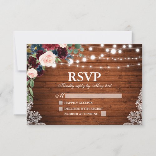 Rustic Wood Burgundy Blue Floral Wedding RSVP Card