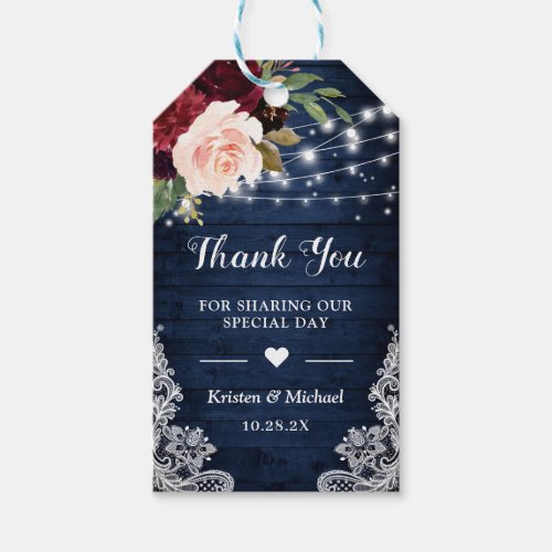 Rustic Wood Burgundy Blue Floral Wedding Thank You Gift Tags