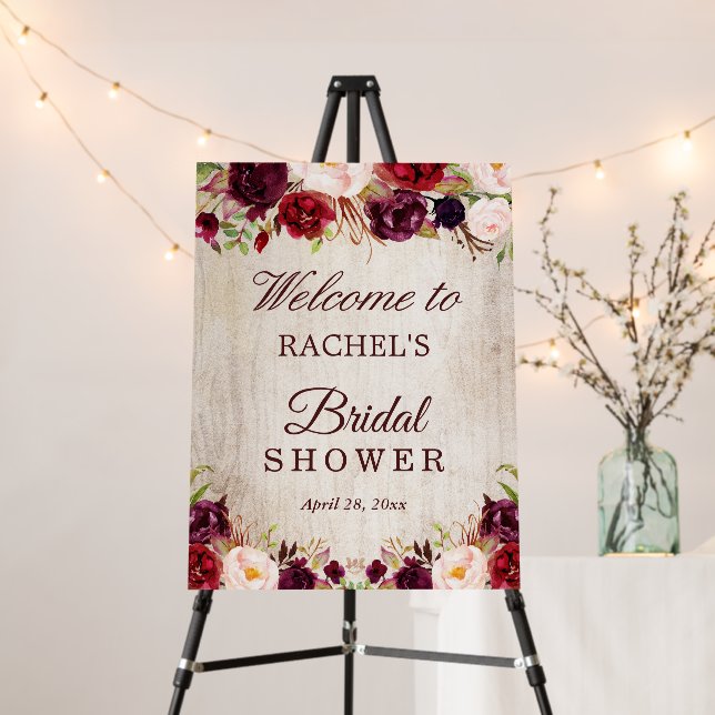 Rustic Wood Burgundy Blush Floral Bridal Shower Foam Board (In Situ (Stand))