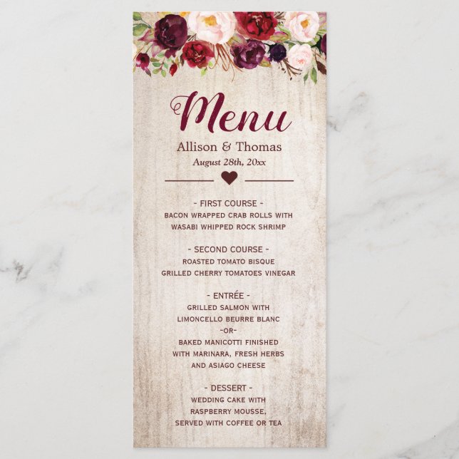 Rustic Wood Burgundy Blush Floral Wedding Menu (Front)