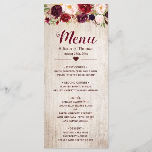 Rustic Wood Burgundy Blush Floral Wedding Menu - Rustic Wood Burgundy Blush Floral Wedding Menu Card. 
(1) For further customization, please click the "customize further" link and use our design tool to modify this template. 
(2) If you need help or matching items, please contact me.