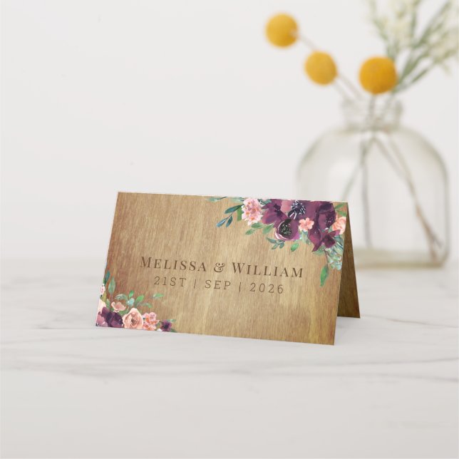 Rustic Wood Burgundy Blush Floral Wedding Place Card (Back)