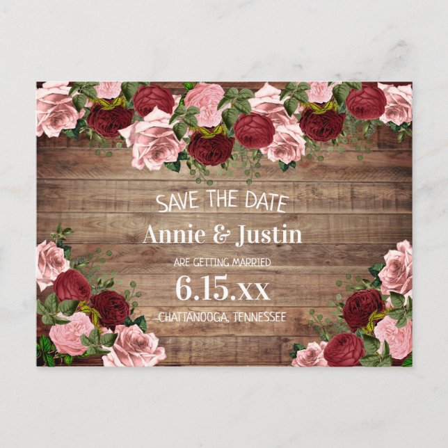 Rustic Wood Burgundy Blush Pink Floral Save Date Postcard (Front)