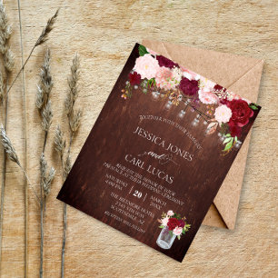 Rustic Wood Burgundy Blush Pink Rose Budget Jar Flyer
