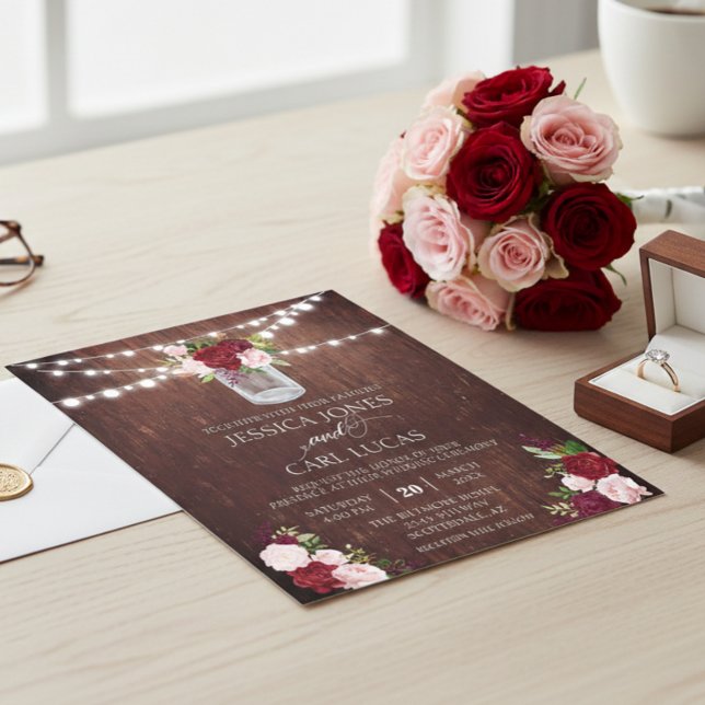 Rustic Wood Burgundy Blush Pink Rose Mason Jar Flyer (Creator Uploaded)