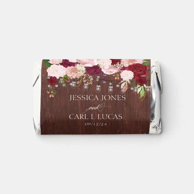 Rustic Wood Burgundy Blush Pink Rose Mason Jar Hershey's Miniatures (Front)