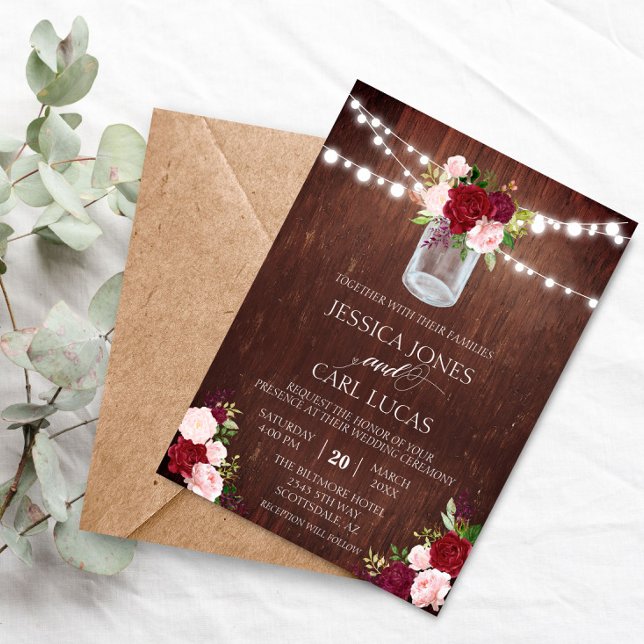 Rustic Wood Burgundy Blush Pink Rose Mason Jar Invitation (Creator Uploaded)