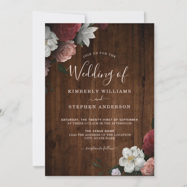 Rustic Wood Burgundy Blush White Floral Wedding Invitation (Front)