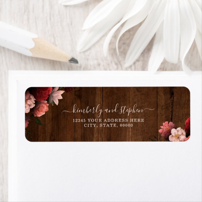 Rustic Wood Burgundy Coral Floral Wedding Label (Insitu)