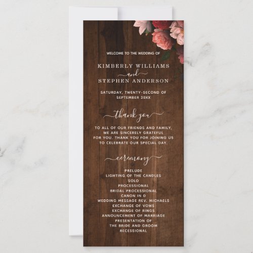 Rustic Wood Burgundy Coral Floral Wedding Program