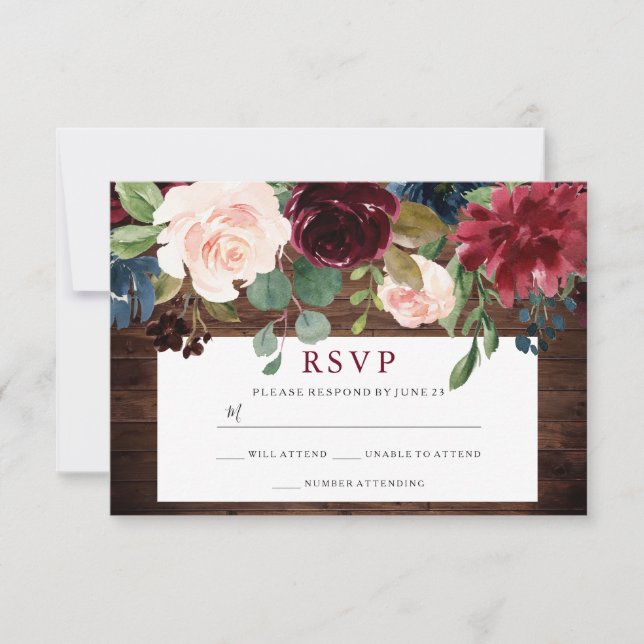 Rustic Wood Burgundy Country Wedding RSVP Card (Front)