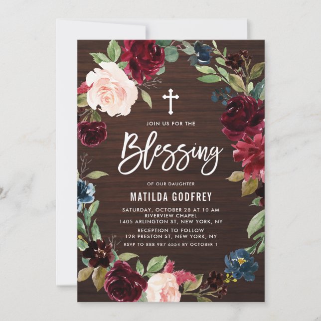 Rustic Wood Burgundy Fall Floral Wreath Blessing Invitation (Front)