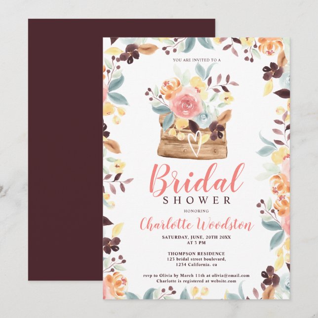 Rustic wood burgundy floral boho bridal shower invitation (Front/Back)