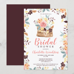 Rustic wood burgundy floral boho bridal shower invitation