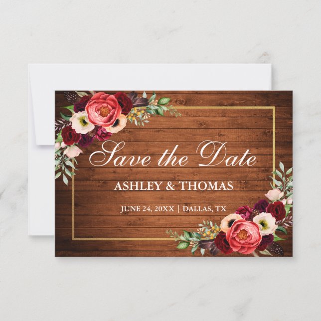 Rustic Wood Burgundy Floral Boho Save The Date (Front)