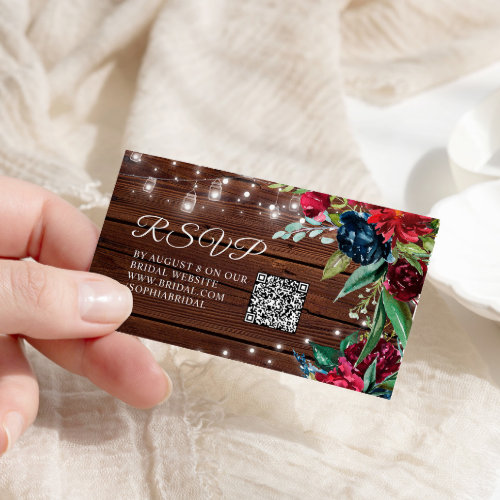 Rustic Wood Burgundy Floral Bridal RSVP QR Code Enclosure Card