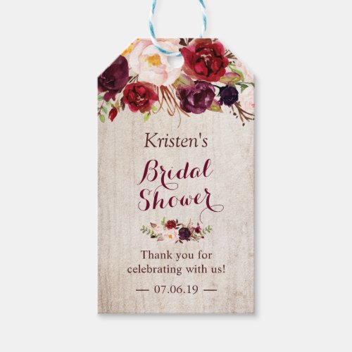 Rustic Wood Burgundy Floral Bridal Shower Favor Gift Tags - Customize this "Rustic Wood Burgundy Floral Bridal Shower Favor Thank You Gift Tag" to add a special touch. It's a perfect addition to match your colors and styles. 
(1) For further customization, please click the "customize further" link and use our design tool to modify this template. 
(2) If you need help or matching items, please contact me.