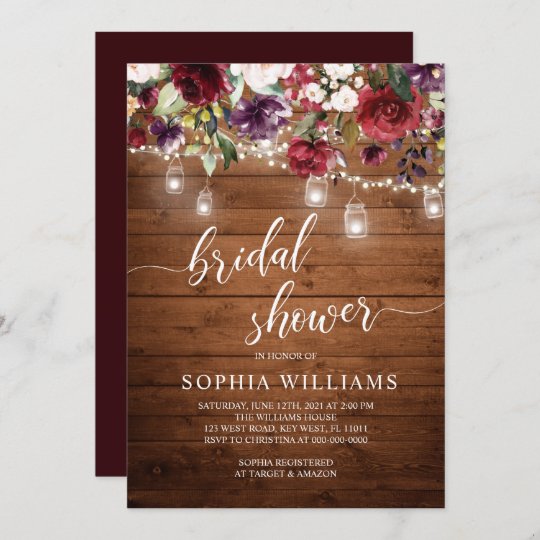 Rustic Wood Burgundy Floral Bridal Shower Invitation | Zazzle.com