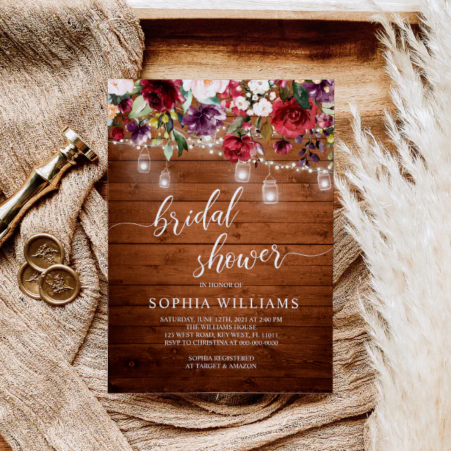 Rustic Wood Burgundy Floral Bridal Shower Invitation | Zazzle