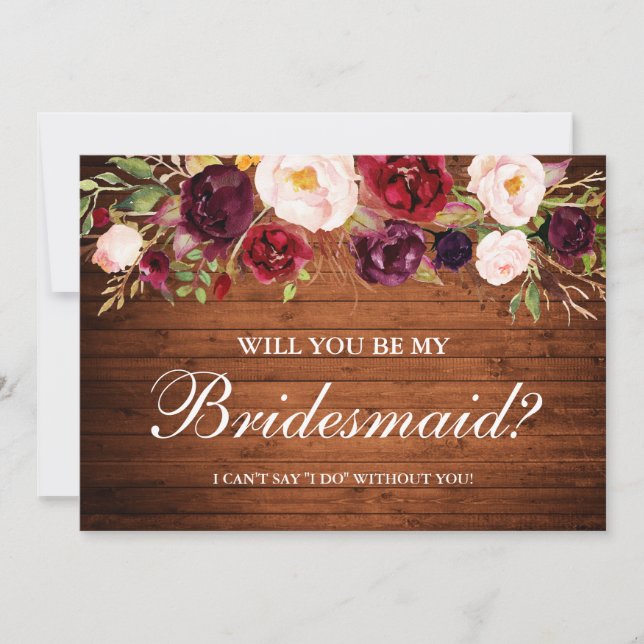 Rustic Wood Burgundy Floral Bridesmaid Invitation (Front)