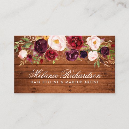 Rustic Wood Burgundy Floral Business Card