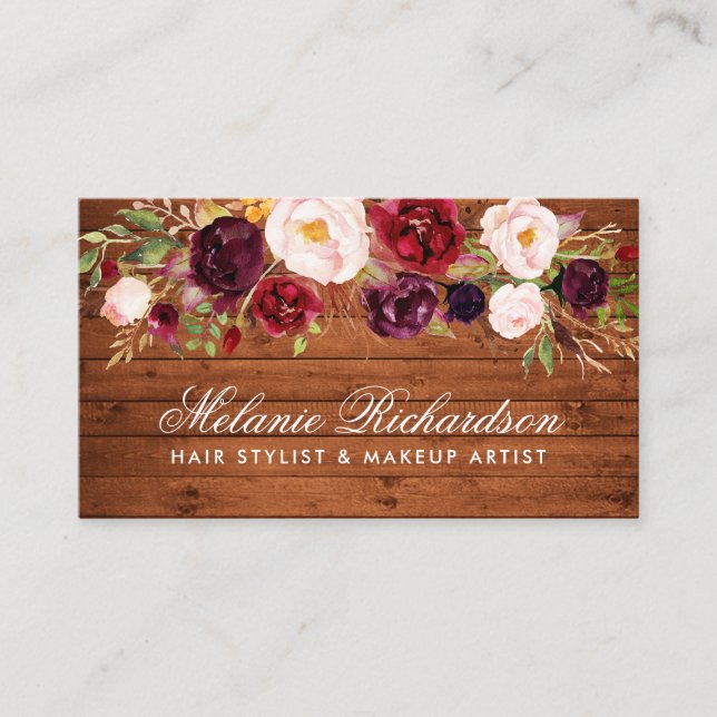 Rustic Wood Burgundy Floral Business Card (Front)