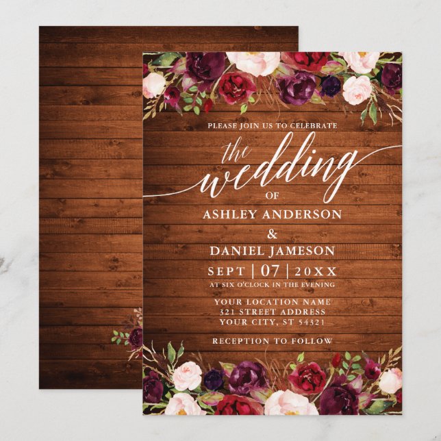 Rustic Wood Burgundy Floral Calligraphy Wedding Invitation (Front/Back)