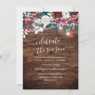 Rustic Wood Burgundy Floral Christmas Invitation