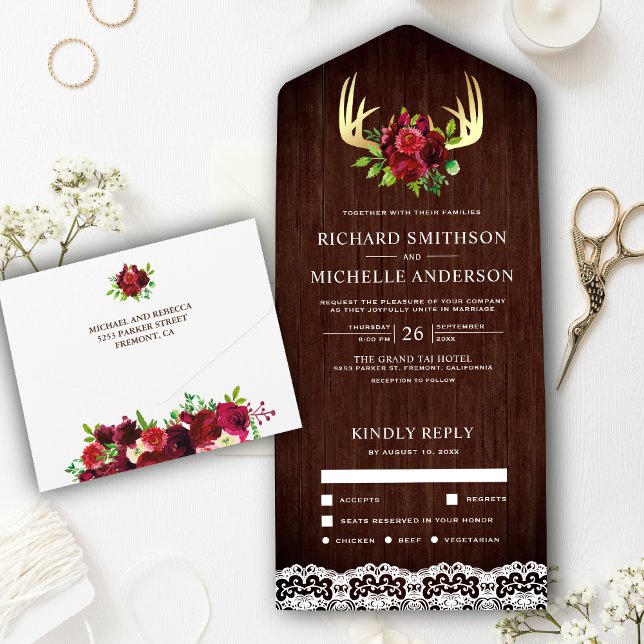 Rustic Wood Burgundy Floral Deer Antlers Wedding All In One Invitation (Creator Uploaded)
