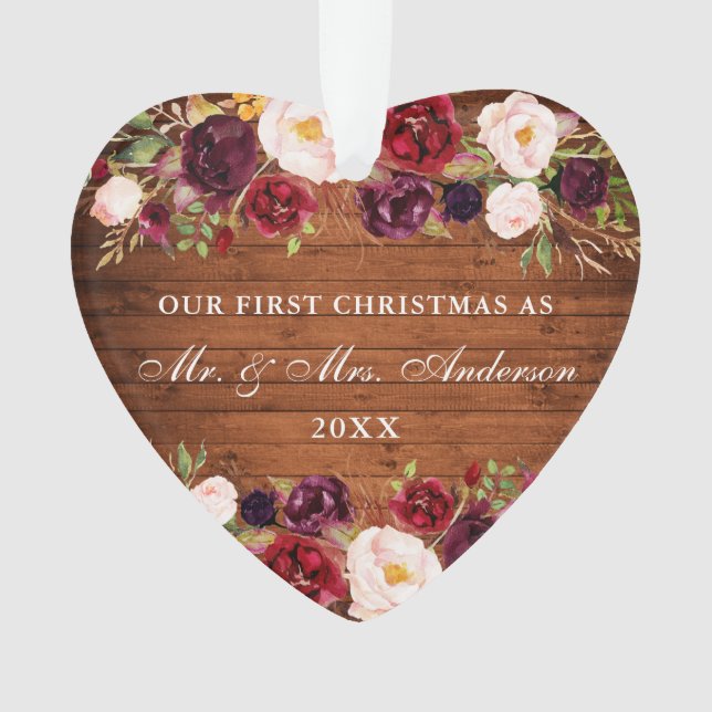 Rustic Wood Burgundy Floral First Christmas Ornament (Front)