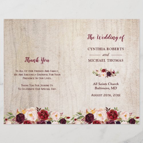 Rustic Wood Burgundy Floral Folded Wedding Program