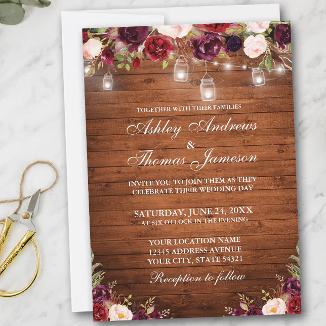 Rustic Wood Burgundy Floral Jar Lights Wedding Invitation Zazzle