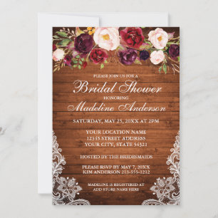 Rustic Wood Burgundy Floral Lace Bridal Shower Invitation