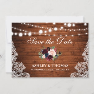 Rustic Wood Burgundy Floral Lace Save the Date