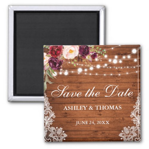 Rustic Wood Burgundy Floral Lace Save the Date Sq Magnet