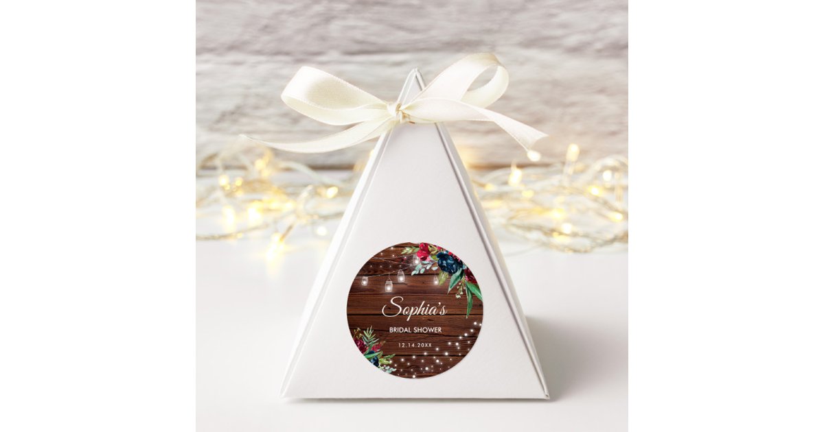 Rustic Wood Burgundy Floral Lights Bridal Classic Round Sticker | Zazzle