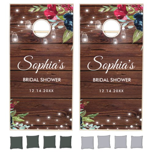 Rustic Wood Burgundy Floral Lights Bridal Cornhole Set