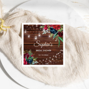 Rustic Wood Burgundy Floral Lights Bridal Napkins