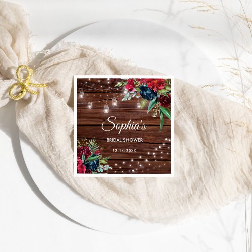 Rustic Wood Burgundy Floral Lights Bridal Napkins