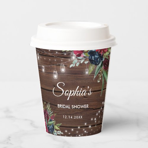 Rustic Wood Burgundy Floral Lights Bridal Paper Cups