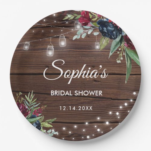 Rustic Wood Burgundy Floral Lights Bridal Paper Plates