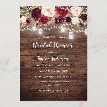 Rustic Wood Burgundy Floral Lights Bridal Shower Invitation by LittleBayleigh at Zazzle