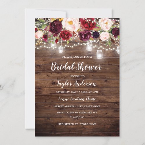 Rustic Wood Burgundy Floral Lights Bridal Shower Invitation