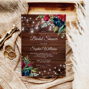 Rustic Wood Burgundy Floral Lights Bridal Shower Invitation