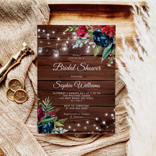 Rustic Wood Burgundy Floral Lights Bridal Shower Invitation