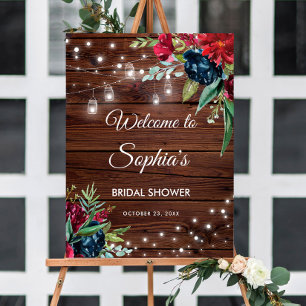 Rustic Wood Burgundy Floral Lights Bridal Welcome Foam Board