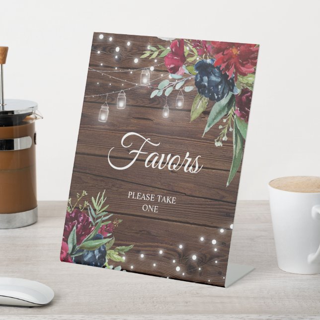 Rustic Wood Burgundy Floral Lights Favors Sign (In SItu)