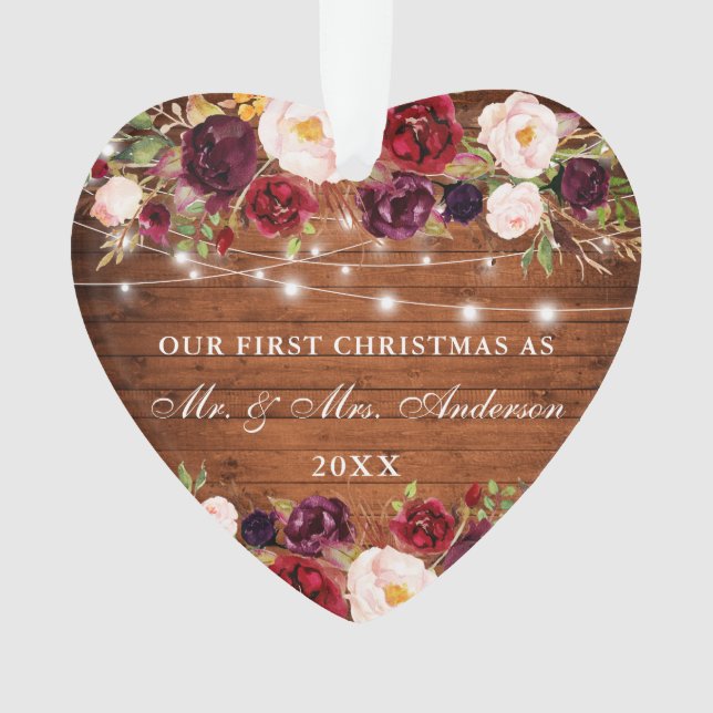 Rustic Wood Burgundy Floral Lights First Christmas Ornament (Front)