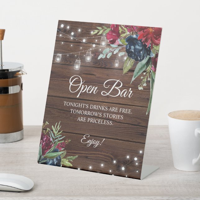 Rustic Wood Burgundy Floral Lights Open Bar Sign (In SItu)