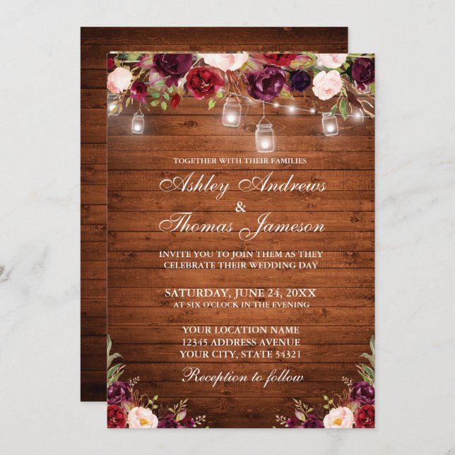 Rustic Wood Burgundy Floral Lights Photo Wedding Invitation (Front/Back)